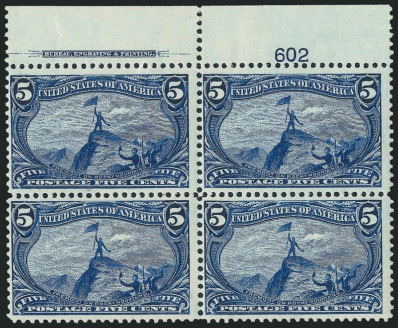 5c Trans-Mississippi (288).> Mint N.H. top imprint and plate no. 602 block of four, deep rich color and proof-like impression on bright paper, tiny natural paper wrinkle in selvage only at top left, Fine