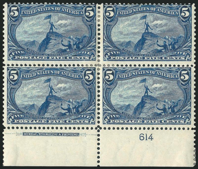 5c Trans-Mississippi (288).> Bottom imprint and plate no. 614 block of four, original gum, bit heavy h.r., detailed impression, some toned spots on back, appears Fine