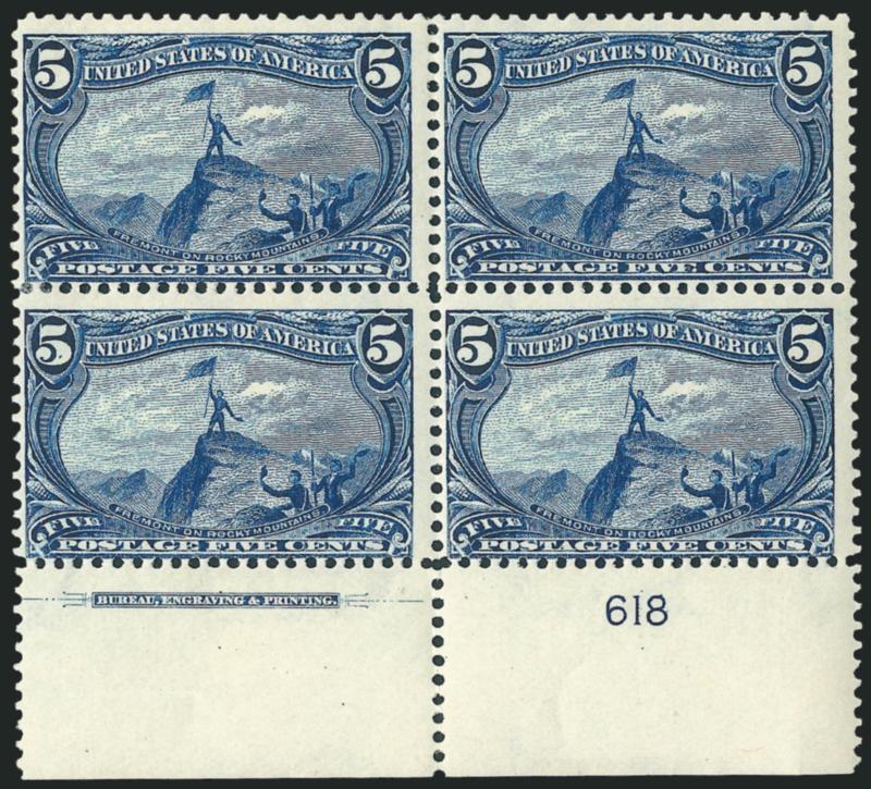 5c Trans-Mississippi (288).> Bottom imprint and plate no. 618 block of four, bottom stamps Mint N.H., intense shade and impression, Fine