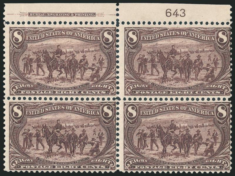 8c Trans-Mississippi (289).> Top imprint and plate no. 643 block of four, narrow selvage, top left stamp natural paper wrinkle, Fine