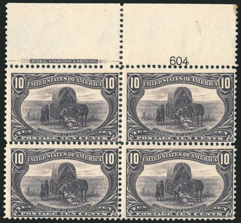 10c Trans-Mississippi (290).> Top imprint and plate no. 604 block of four, original gum, detailed impression, few flaws incl. thin spot at bottom left and stain at top right, otherwise Fine