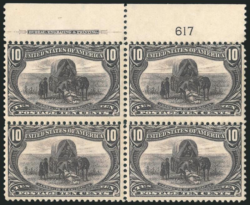 10c Trans-Mississippi (290).> Mint N.H. top imprint and plate no. 617 block of four, bright shade, crisp impression, fresh and Fine