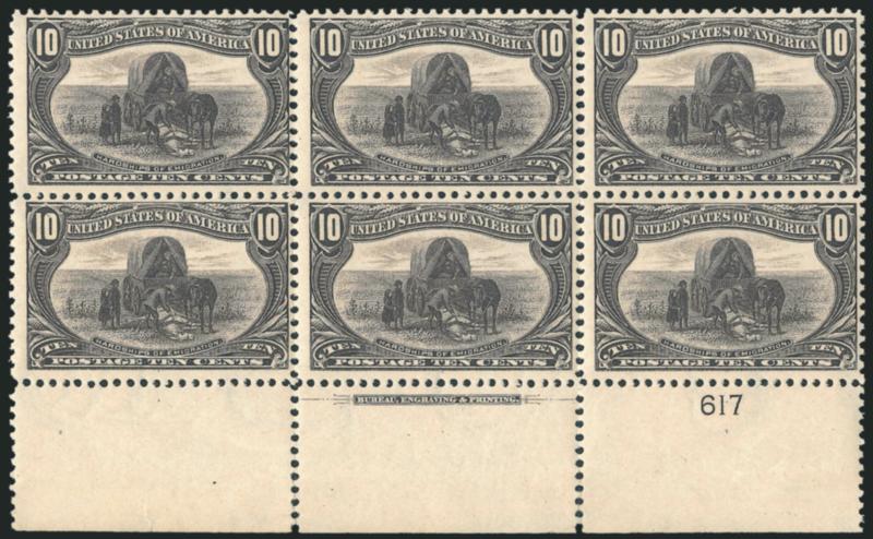 10c Trans-Mississippi (290).> Bottom imprint and plate no. 617 block of six with wide selvage, stamps Mint N.H., lightly hinged in selvage, crisp impression<><>^FRESH AND FINE. A SCARCE AND DESIRABLE IMPRINT
AND PLATE NUMBER BLOCK OF SIX OF THE 10-