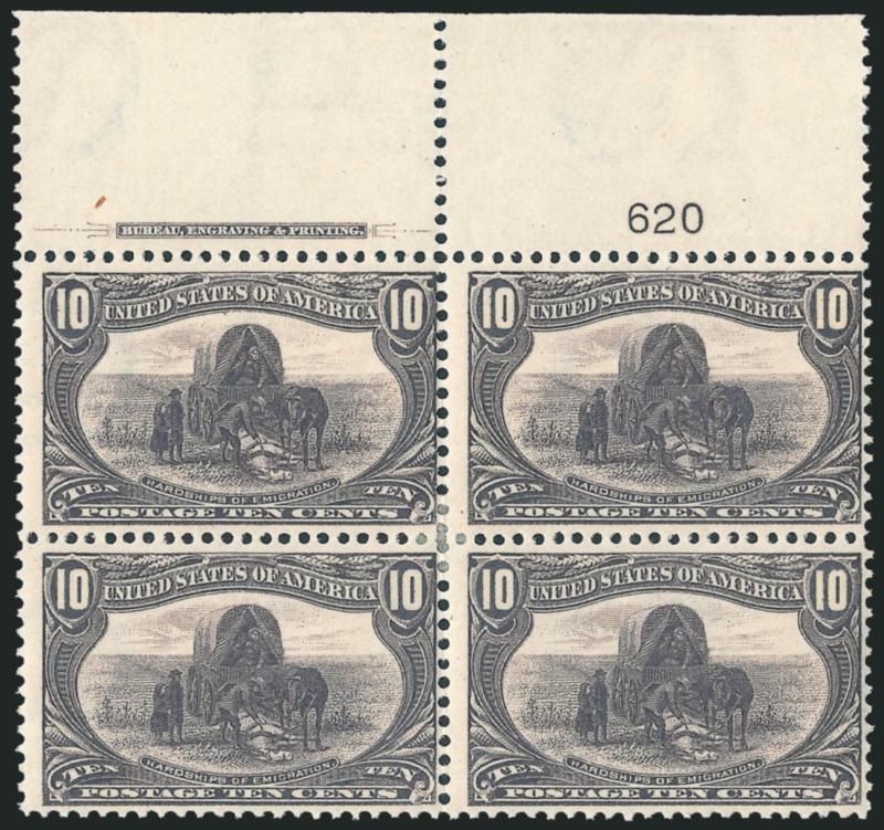 10c Trans-Mississippi (290).> Top imprint and plate no. 620 block of four, original gum, small h.r. at center, radiant color, horizontal crease at bottom of bottom stamps, appears Fine