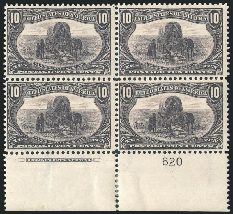 10c Trans-Mississippi (290).> Bottom imprint and plate no. 620 block of four, bottom stamps Mint N.H., top stamps lightly hinged, single h.r. in selvage, brilliant color, detailed impression, fresh and
Fine