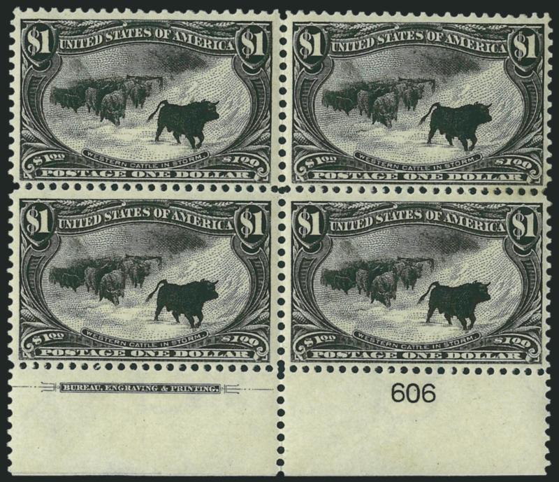 $1.00 Trans-Mississippi (292).> Bottom imprint and plate no. 606 block of four, Mint N.H. except where few perf separations expertly reinforced at right, bright shade and detailed impression on crisp
paper<><>^VERY FINE. A BEAUTIFUL IMPRINT AND PLA