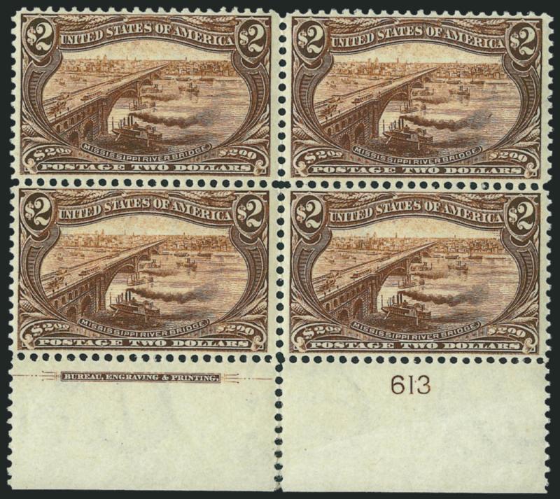 $2.00 Trans-Mississippi (293).> Bottom imprint and plate no. 613 block of four, <stamps Mint N.H.,> lightly hinged towards bottom of selvage where few perf separations expertly reinforced, deep rich color and
sharp proof-like impression, well-balance