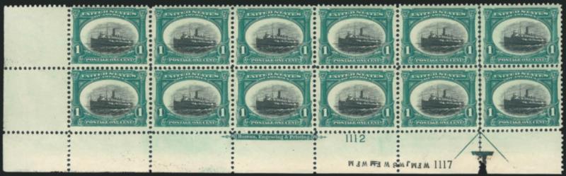 1c Pan-American (294).> Bottom left corner imprint and double plate nos. 11121117 block of twelve with arrow and markers, lightly hinged, short gum on several, small piece out of selvage below arrow, otherwise
Very Fine-Extremely Fine