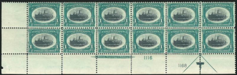 1c Pan-American (294).> Mint N.H. bottom left corner imprint and double plate nos. 11161168 block of twelve with arrow and markers, small selvage nick, Fine-Very Fine