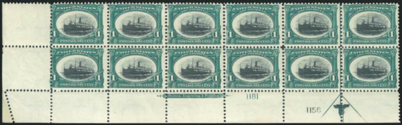 1c Pan-American (294).> Mint N.H. bottom left corner imprint and double plate nos. 11811156 block of twelve with arrow and markers, selvage at left has few creases, interesting mis-perf in corner selvage,
Fine-Very Fine