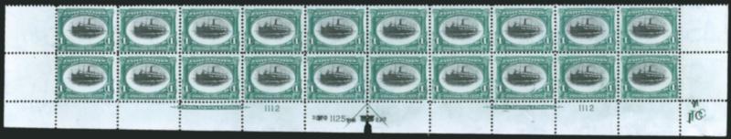 1c Pan-American (294).> Mint N.H. bottom double imprint and plate nos. 11121125 block of 20 with arrow and markers, full side selvage, natural short gum on seven stamps, small selvage piece out at bottom
center, Fine-Very Fine