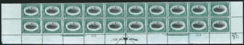 1c Pan-American (294).> Mint N.H. bottom double imprint and plate nos. 11121136 block of 20 with arrow and markers, full side selvage, natural short gum on a few, couple minor selvage perf separations,
Fine-Very Fine
