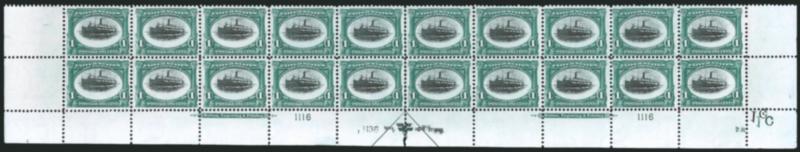 1c Pan-American (294).> Mint N.H. bottom double imprint and plate nos. 11161136 block of 20 with arrow and markers, full side selvage, small nick in selvage at bottom center, Fine-Very Fine