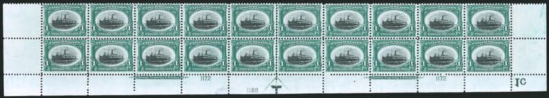 1c Pan-American (294).> Mint N.H. bottom double imprint and plate nos. 11721168 block of 20 with arrow and markers, full side selvage, natural short gum on a few, Fine-Very Fine