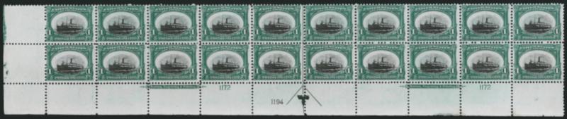 1c Pan-American (294).> Mint N.H. bottom double imprint and plate nos. 11721194 block of 20 with arrow and markers, side selvage at left, several nicks in selvage, Fine