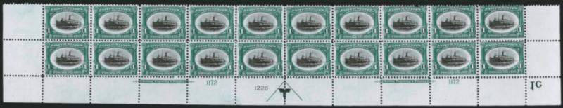 1c Pan-American (294).> Mint N.H. bottom double imprint and plate nos. 11721228 block of 20 with arrow and markers, full side selvage, Fine-Very Fine, the imprint and double plate no. block of ten Very Fine and
choice