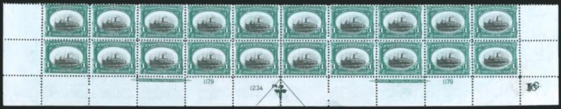 1c Pan-American (294).> Mint N.H. bottom double imprint and plate nos. 11791234 block of 20 with arrow and markers, full side selvage, light fingerprint stain in bottom right corner and selvage crease do not
affect either plate block, Fine-Very Fine