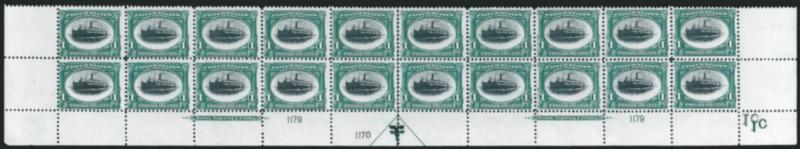 1c Pan-American (294)> Three Mint N.H. bottom double imprint and plate nos. blocks of 20 with arrows and markers, full side selvage, plate nos. 11791170, 11791233, 11811125, few natural gum skips or short gum,
Very Good-Fine