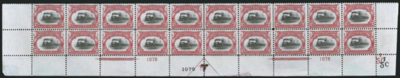 2c Pan-American (295).> Mint N.H. bottom double imprint and plate nos. 10781079 block of 20 with arrow and markers, full side selvage, crease and couple minor perf separations in selvage, Very Good-Fine