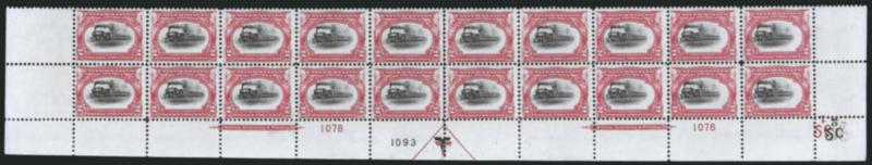 2c Pan-American (295).> Mint N.H. bottom double imprint and plate nos. 10781093 block of 20 with arrow and markers, full side selvage, Very Good-Fine