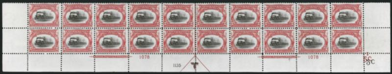 2c Pan-American (295).> Mint N.H. bottom double imprint and plate nos. 10781135 block of 20 with arrow and markers, full side selvage, right pair outside of plate block two small thins, Fine-Very Fine