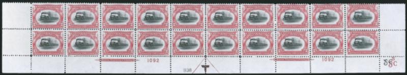 2c Pan-American (295).> Mint N.H. bottom double imprint and plate nos. 10921138 block of 20 with arrow and markers, full side selvage, small selvage tear, Fine-Very Fine