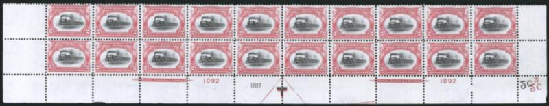 2c Pan-American (295).> Mint N.H. bottom double imprint and plate nos. 10921187 block of 20 with arrow and markers, full side selvage, small selvage tear and couple nicks, Fine-Very Fine