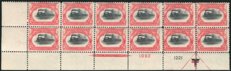 2c Pan-American (295).> Mint N.H. bottom left corner imprint and double plate nos. 10921221 block of twelve with arrow and markers, Fine-Very Fine