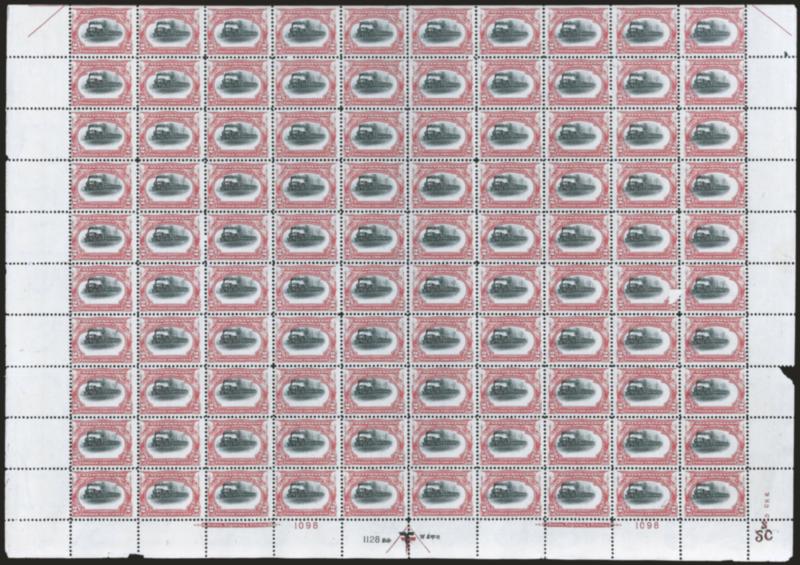 2c Pan-American (295).> Mint N.H. pane of 100, double imprint and frame plate nos. 1098 and vignette plate no. 1128 at bottom, natural s.e. at top and selvage on sides, deep rich colors, few selvage faults and
perf separations<><>^A FINE AND BEAUTI