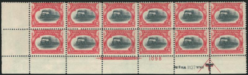 2c Pan-American (295).> Mint N.H. bottom left corner imprint and double plate nos. 10981137 block of twelve with arrow and markers, Fine-Very Fine