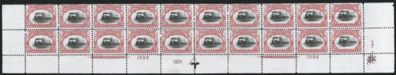 2c Pan-American (295).> Mint N.H. bottom double imprint and plate nos. 10981221 block of 20 with arrow and markers, full side selvage, perf separations between Pos. 16-17 (plate blocks not affected), Fine-Very
Fine