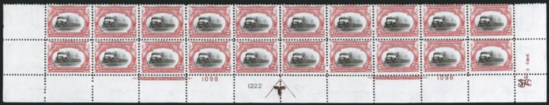 2c Pan-American (295).> Mint N.H. bottom double imprint and plate nos. 10981222 block of 20 with arrow and markers, full side selvage, Fine-Very Fine