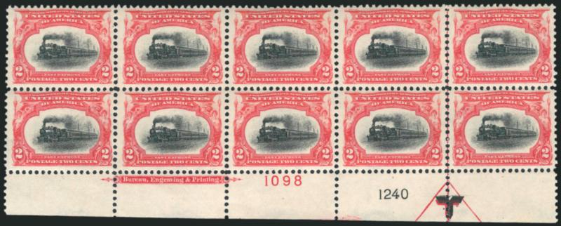 2c Pan-American (295).> Mint N.H. bottom imprint and double plate nos. 10981240 block of ten with arrow and markers, rich colors on bright paper, well-balanced margins, one stamp tiny natural paper wrinkle,
fresh and Very Fine, with 2001 A.P.S. cert