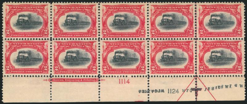 2c Pan-American (295).> Bottom imprint and double plate nos. 11141124 block of ten with arrow and markers, center two stamps Mint N.H., deep rich colors, bottom stamps exceptionally well-centered, Very
Fine-Extremely Fine