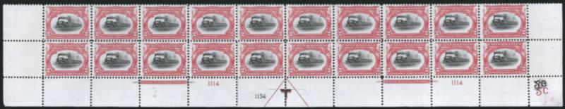 2c Pan-American (295).> Mint N.H. bottom double imprint and plate nos. 11141134 block of 20 with arrow and markers, full side selvage, Fine-Very Fine