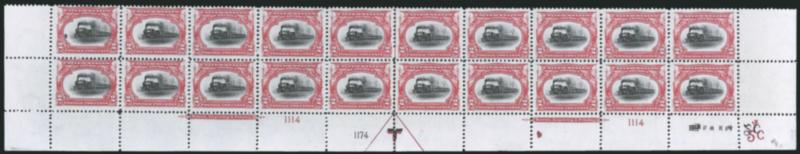 2c Pan-American (295).> Mint N.H. bottom double imprint and plate nos. 11141174 block of 20 with arrow and markers, full side selvage, few perf separations in selvage, Fine-Very Fine