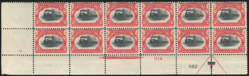 2c Pan-American (295).> Mint N.H. bottom left corner imprint and double plate nos. 11141182 block of twelve with arrow and markers, light wrinkling in corner selvage, Fine-Very Fine