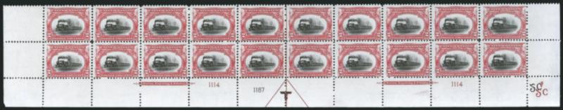 2c Pan-American (295).> Mint N.H. bottom double imprint and plate nos. 11141187 block of 20 with arrow and markers, full side selvage, couple creases in selvage, Very Good