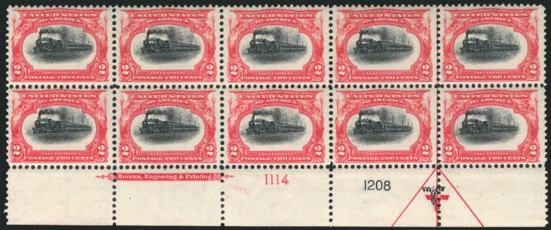 2c Pan-American (295).> Mint N.H. bottom imprint and double plate nos. 11141208 block of ten with arrow and markers, brilliant colors, well-balanced margins, fresh and Fine-Very Fine