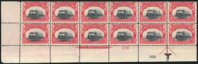 2c Pan-American (295).> Mint N.H. bottom left corner imprint and double plate nos. 11191166 block of twelve with arrow and markers, <low train> variety with vignette shifted down significantly, natural short
gum on two left stamps, Very Fine