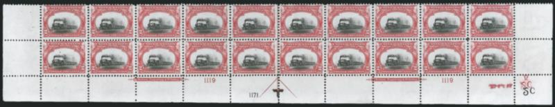 2c Pan-American (295).> Mint N.H. bottom double imprint and plate nos. 11191171 block of 20 with arrow and markers, full side selvage, <low train> variety with vignette shifted down significantly, Fine-Very
Fine