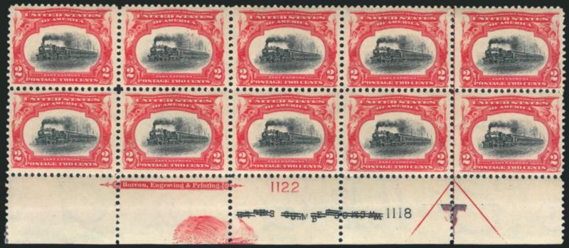 2c Pan-American (295).> Bottom imprint, plate nos. 11221118 and arrow block of ten, Mint N.H. except between Pos. 4 and 5 where few small perf separations reattached, rich colors, unusual red ink in selvage in
color of the vignette and which is prob