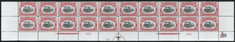 2c Pan-American (295).> Mint N.H. bottom double imprint and plate nos. 11221134 block of 20 with arrow and markers, full side selvage, natural short gum on a couple, Fine-Very Fine