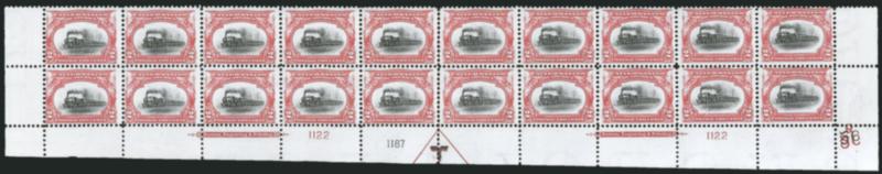 2c Pan-American (295).> Mint N.H. bottom double imprint and plate nos. 11221187 block of 20 with arrow and markers, full side selvage, Fine-Very Fine