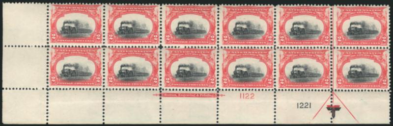 2c Pan-American (295).> Mint N.H. bottom left corner imprint and double plate nos. 11221221 block of twelve with arrow and markers, Fine-Very Fine