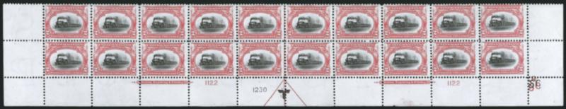 2c Pan-American (295).> Mint N.H. bottom double imprint and plate nos. 11221230 block of 20 with arrow and markers, full side selvage, small selvage fault, Fine