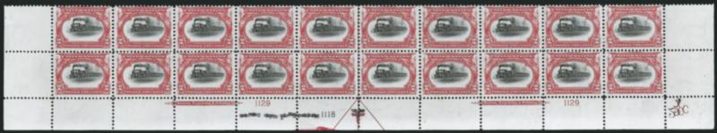 2c Pan-American (295).> Mint N.H. bottom double imprint and plate nos. 11291118 block of 20 with arrow and markers, full side selvage, few perf separations in selvage, Fine-Very Fine