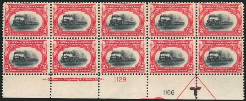 2c Pan-American (295).> Bottom imprint and double plate nos. 11201166 block of ten with arrow and markers, few h.r., rich colors, Fine-Very Fine