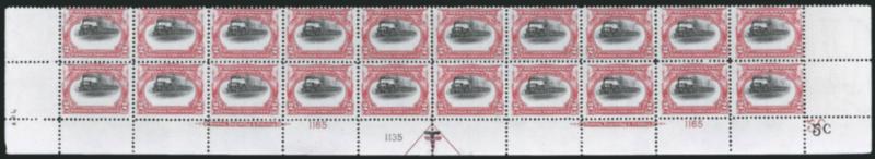 2c Pan-American (295).> Mint N.H. bottom double imprint and plate nos. 11651135 block of 20 with arrow and markers, full side selvage, <high train> variety with vignette shifted up significantly, natural
inclusion in one, Fine-Very Fine