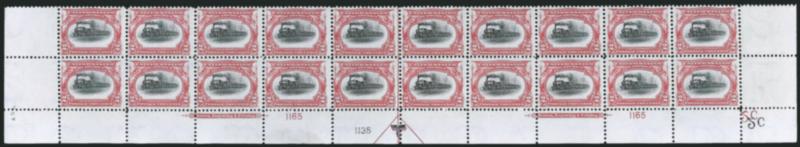 2c Pan-American (295).> Mint N.H. bottom double imprint and plate nos. 11651135 block of 20 with arrow and markers, full side selvage, Fine-Very Fine